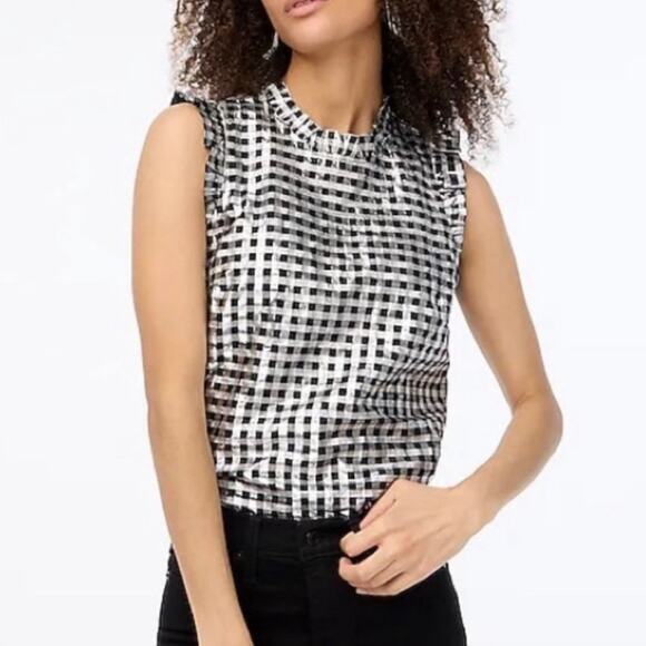 J Crew Black and Silver Gingham Sleeveless Ruffleneck Top Size 3X - Picture 1 of 8